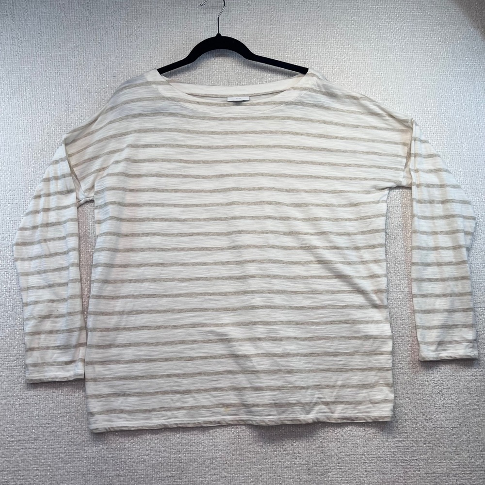 J.Jill 100% Cotton Beige White Stripe‎ Long Sleeve Top Women's Medium Casual